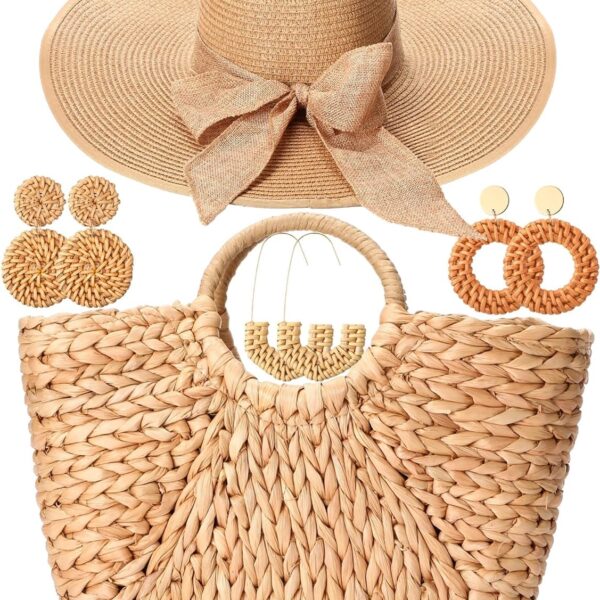 Summer Beach Set: Straw Tote Bag, Wide-Brim Sun Hat & Rattan Earrings