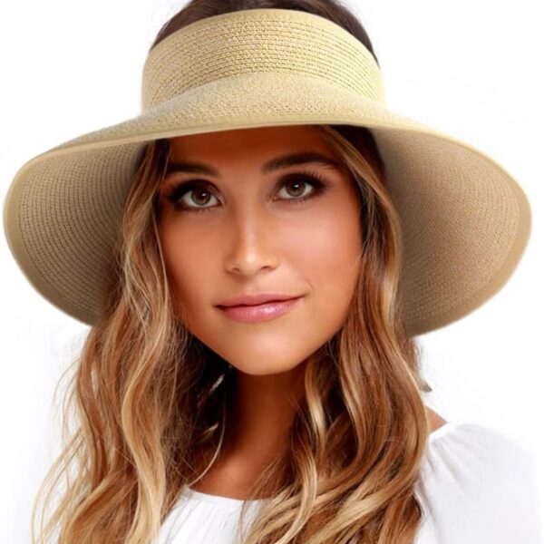 Women's Wide Brim Straw Sun Visor Hat - UV Protection, Adjustable & Packable