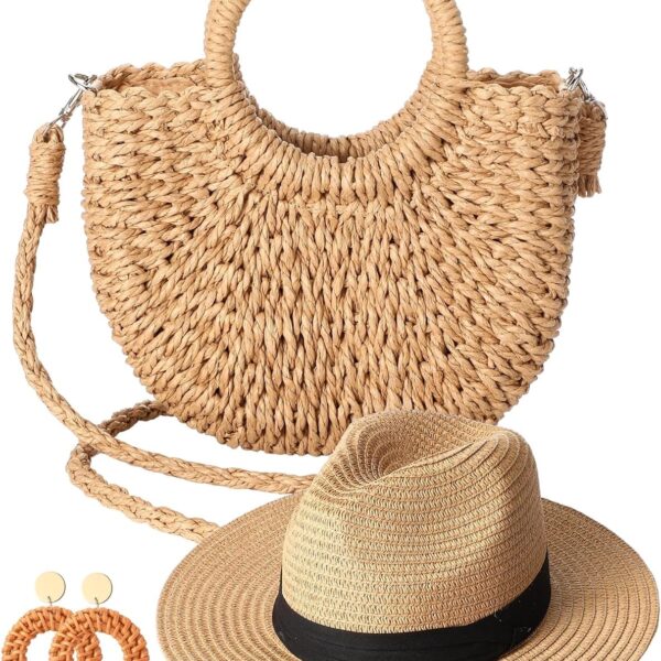 Summer Beach Essentials Set - Straw Sun Hat, Rattan Crossbody Bag & Woven Earrings